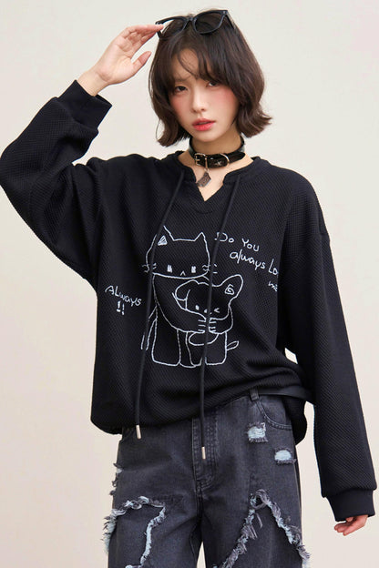 Cat Loose V Neck Sweatshirt
