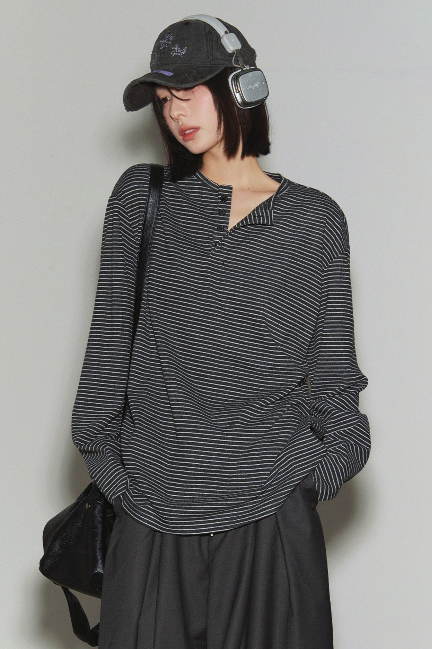 Loose Striped Button Neck Top