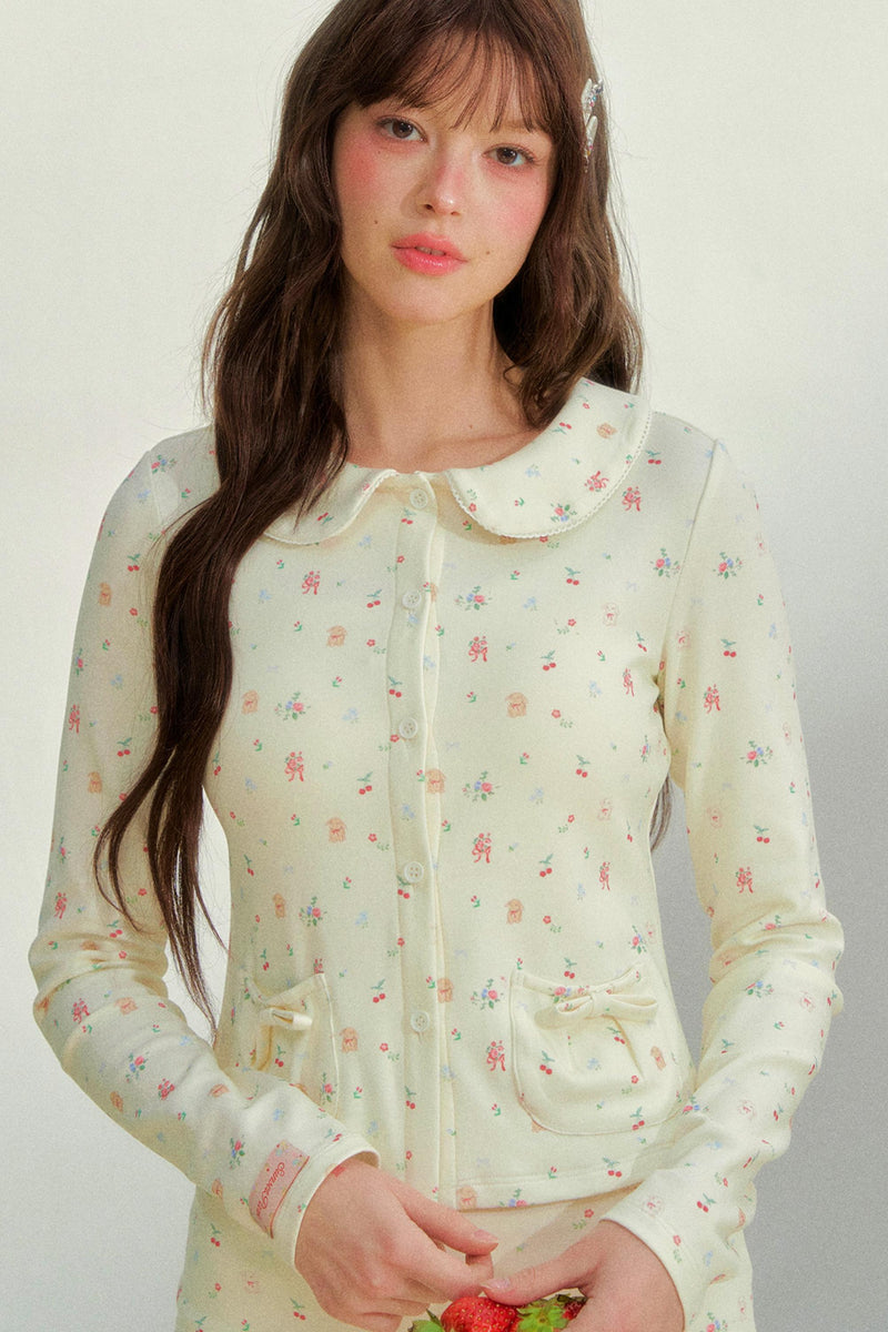 Printed Doll Collar Blouse + Pants