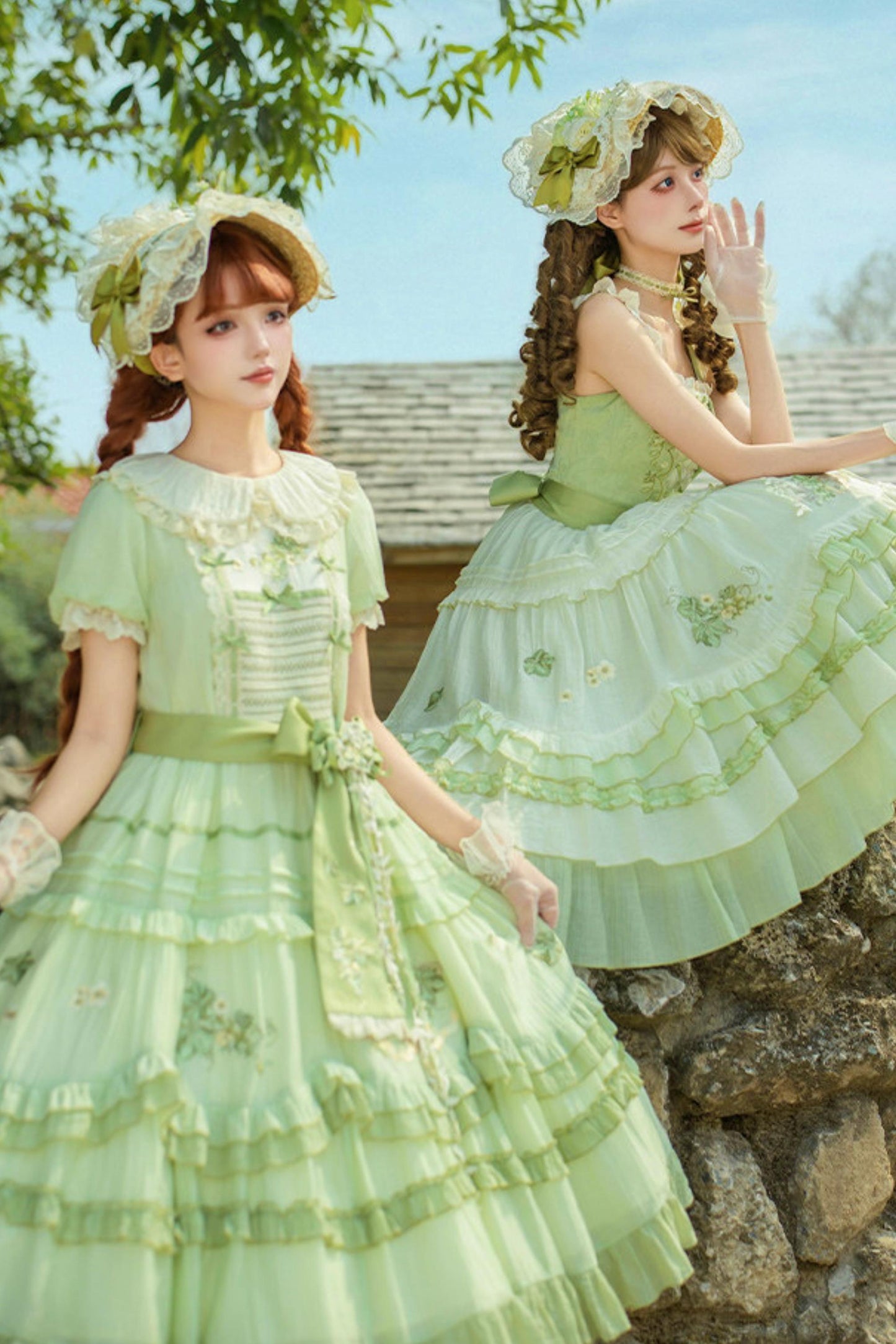 Green Embroidered Lolita One-piece Dress + Cardigan + Hat + Belt + Accessories