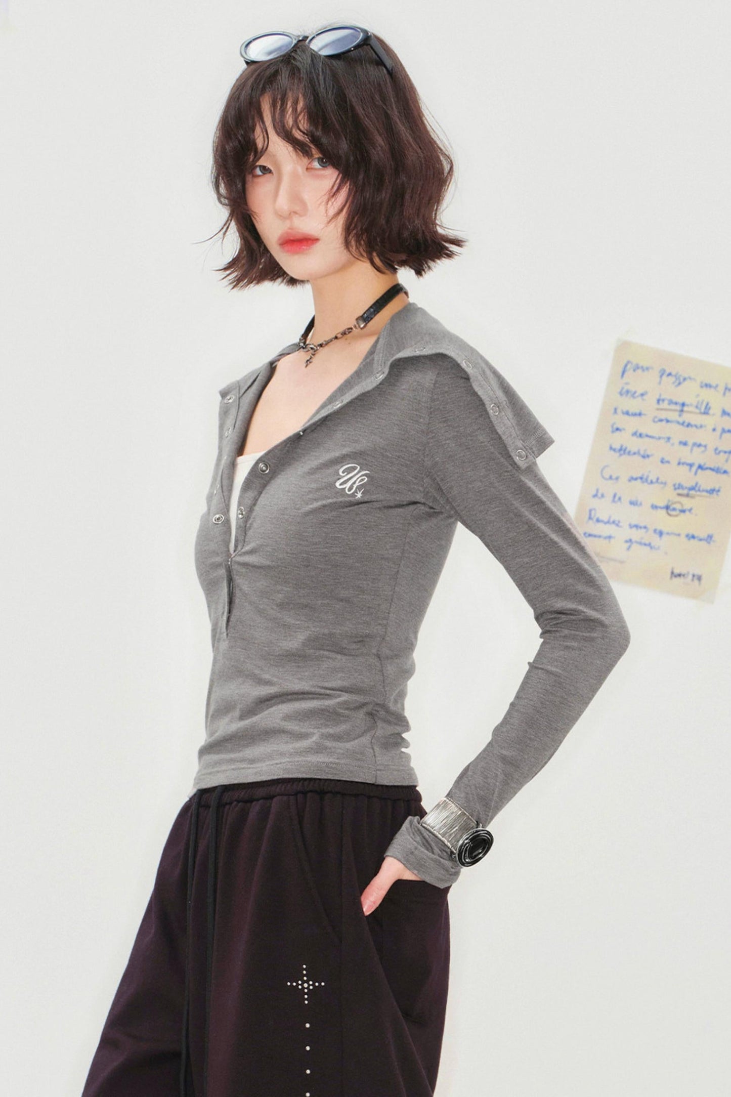 Folded Collar Cut Out Neck Top