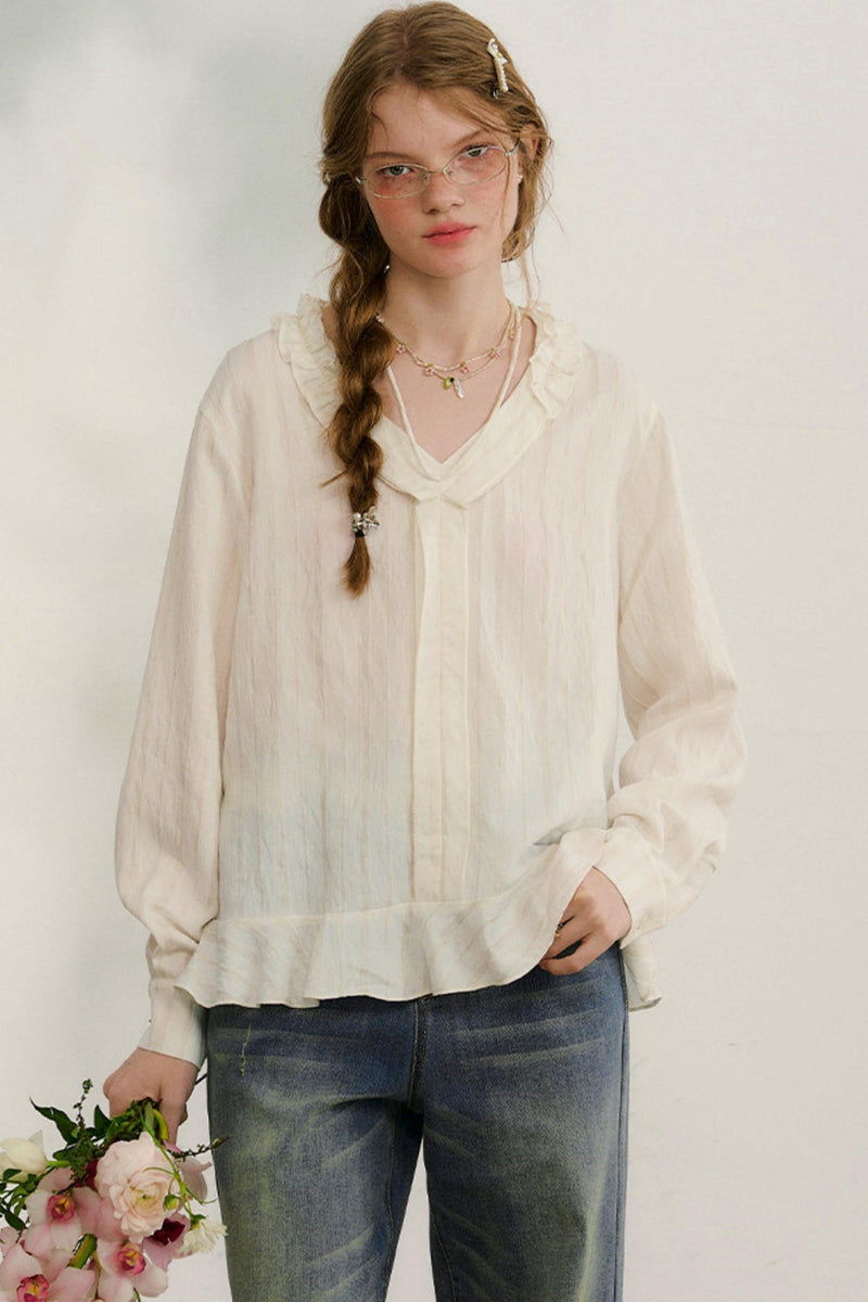 Striped Lace Sleeve Blouse