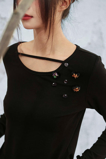 Crystal Button Velvet Knitted Top