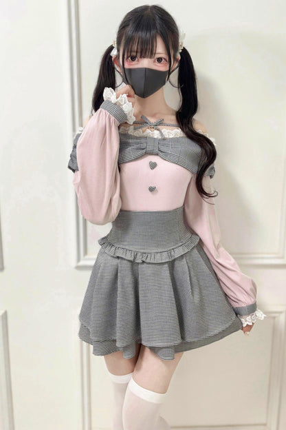 Off-shoulder Lace Ribbon Strap Knit Top