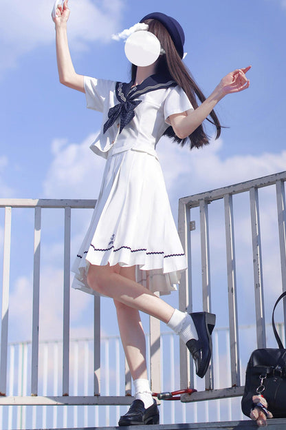 Summer Sea Sailor Top + Skirt + Ribbon Accessory