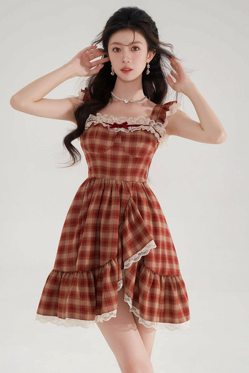 Sweet Red Plaid Lace Dress