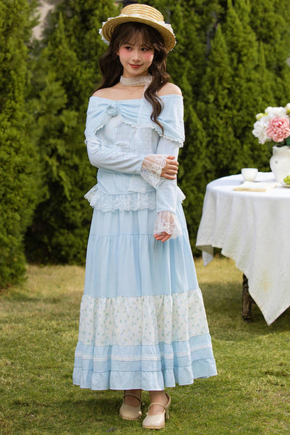 Lace Patchwork Off-shoulder Top + Long Skirt