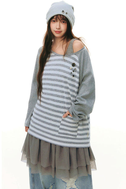 Button Striped Off-shoulder Top