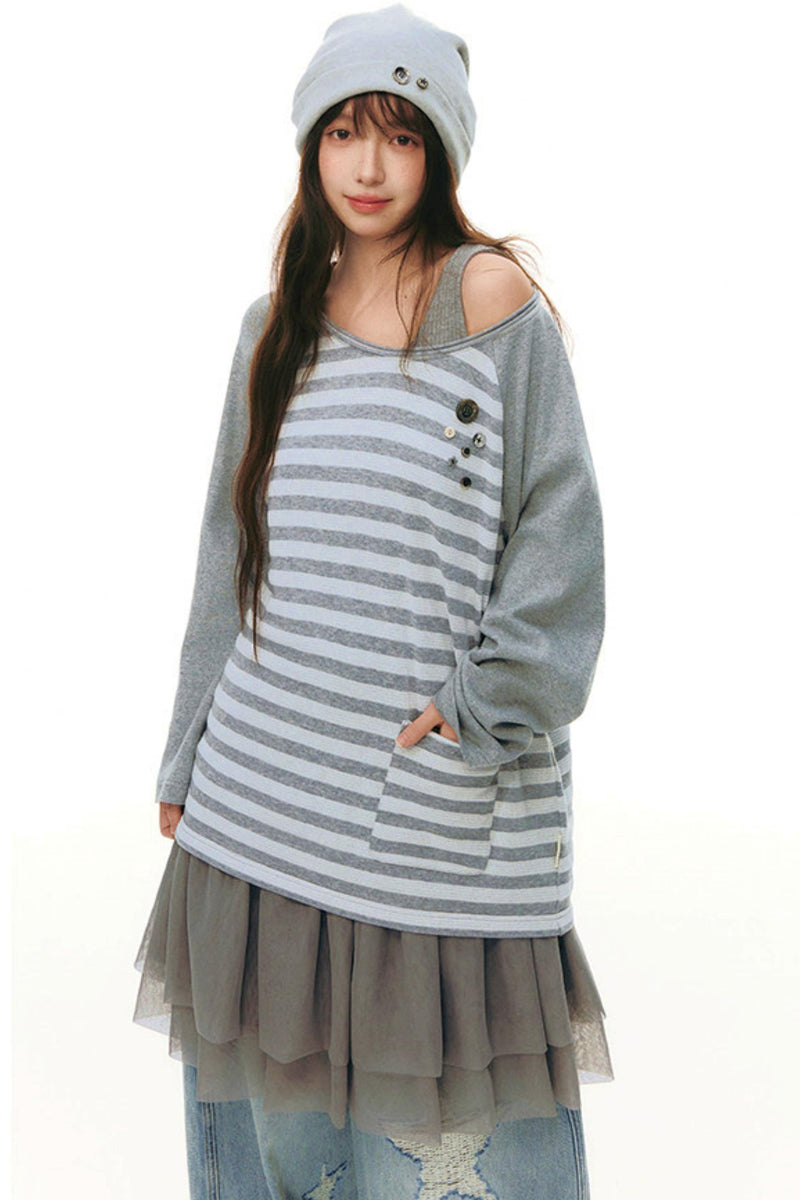 Button Striped Off-shoulder Top