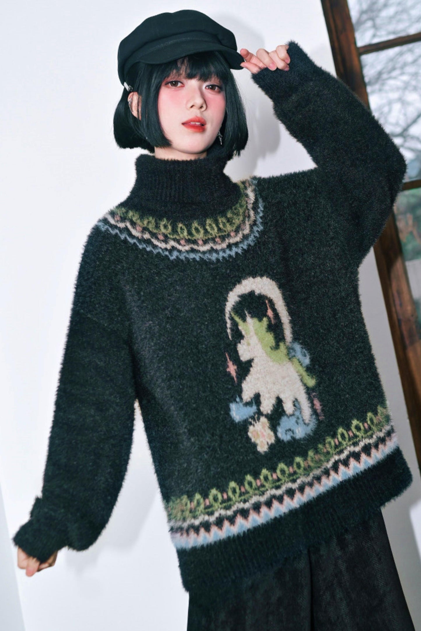 Four Pop Faux Fur Jacquard Sweater