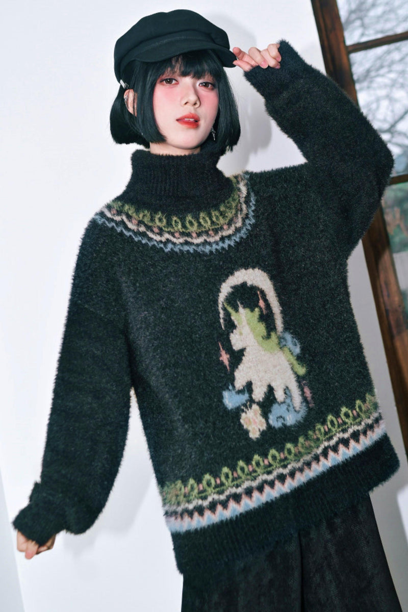 Four Pop Faux Fur Jacquard Sweater