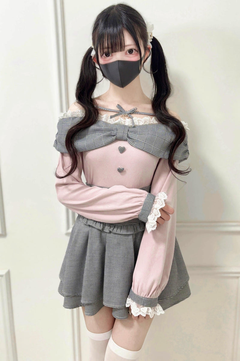 Off-shoulder Lace Ribbon Strap Knit Top