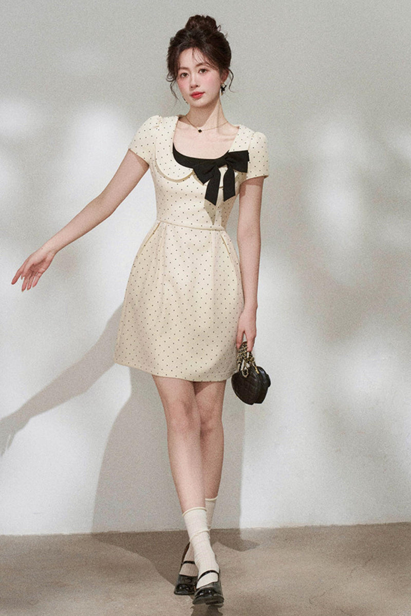 French Girly Ribbon Polka Dot Dress
