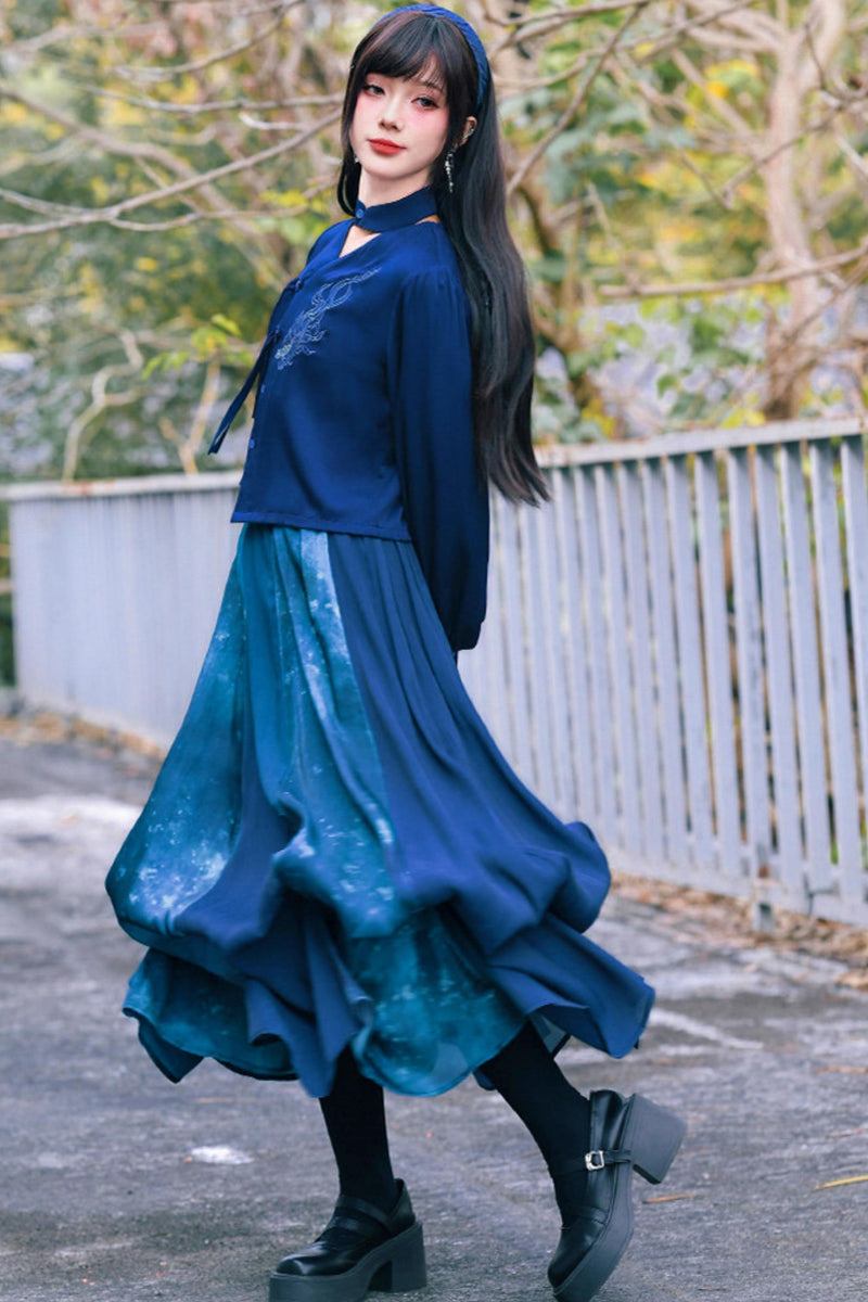 Embroidered Lantern Sleeve Blouse