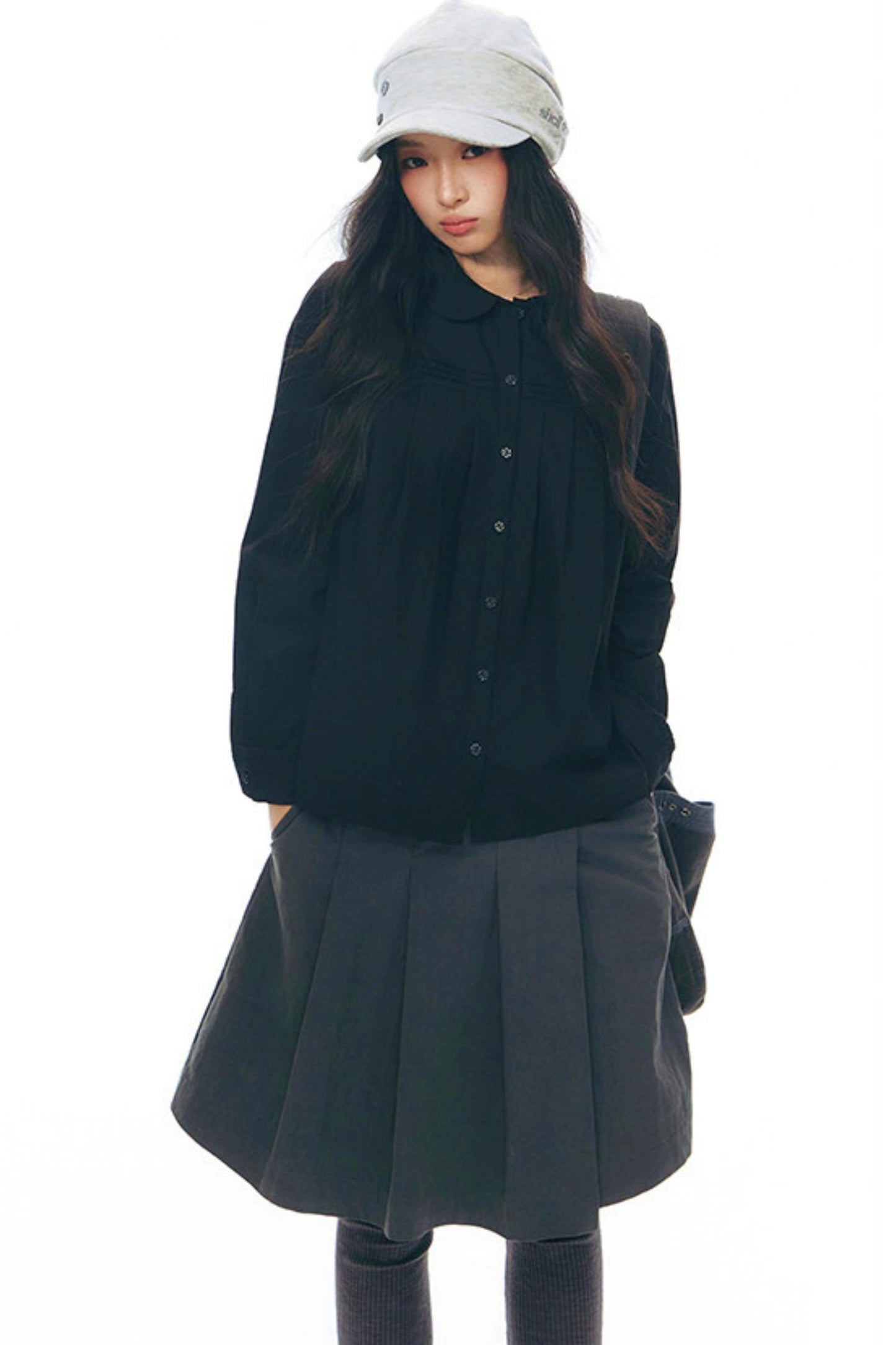 Doll Collar Pleated Cotton Blouse