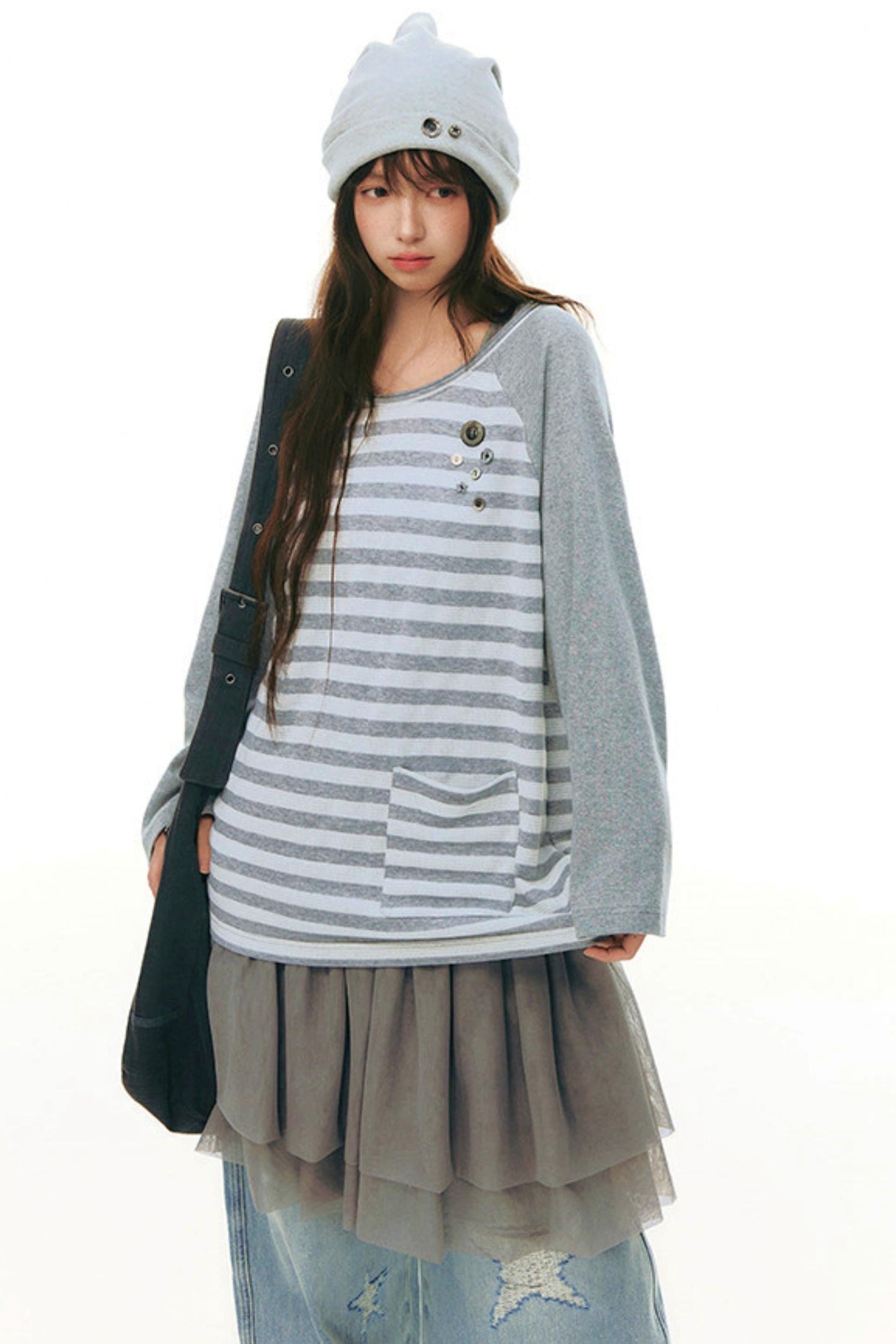 Button Striped Off-shoulder Top
