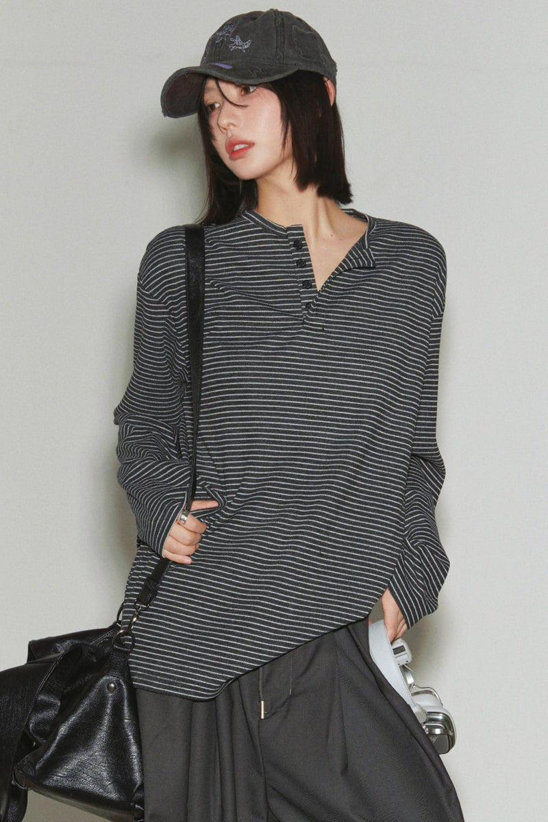 Loose Striped Button Neck Top