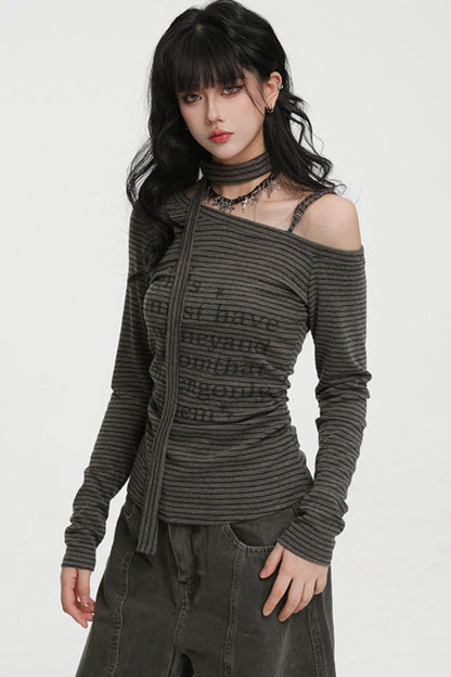 Striped One-shoulder Tie-neck Top
