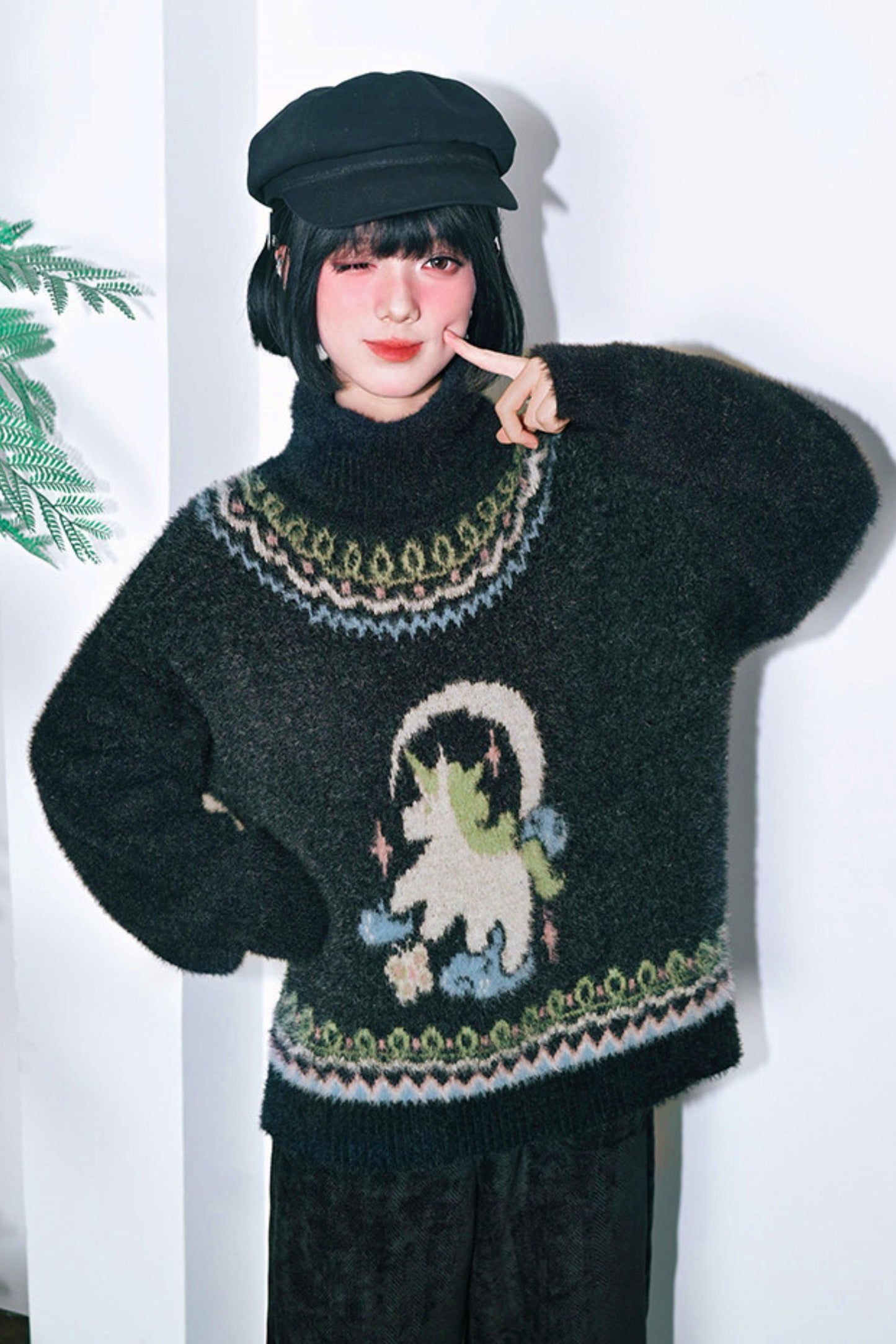 Four Pop Faux Fur Jacquard Sweater
