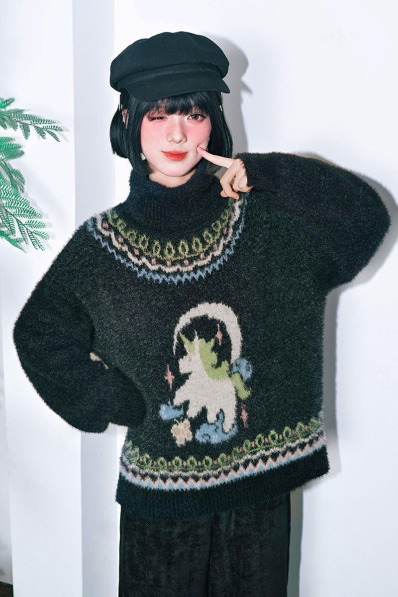 Four Pop Faux Fur Jacquard Sweater