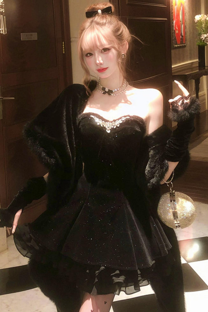 French Off-the-shoulder Dress + Shawl + Sleeves