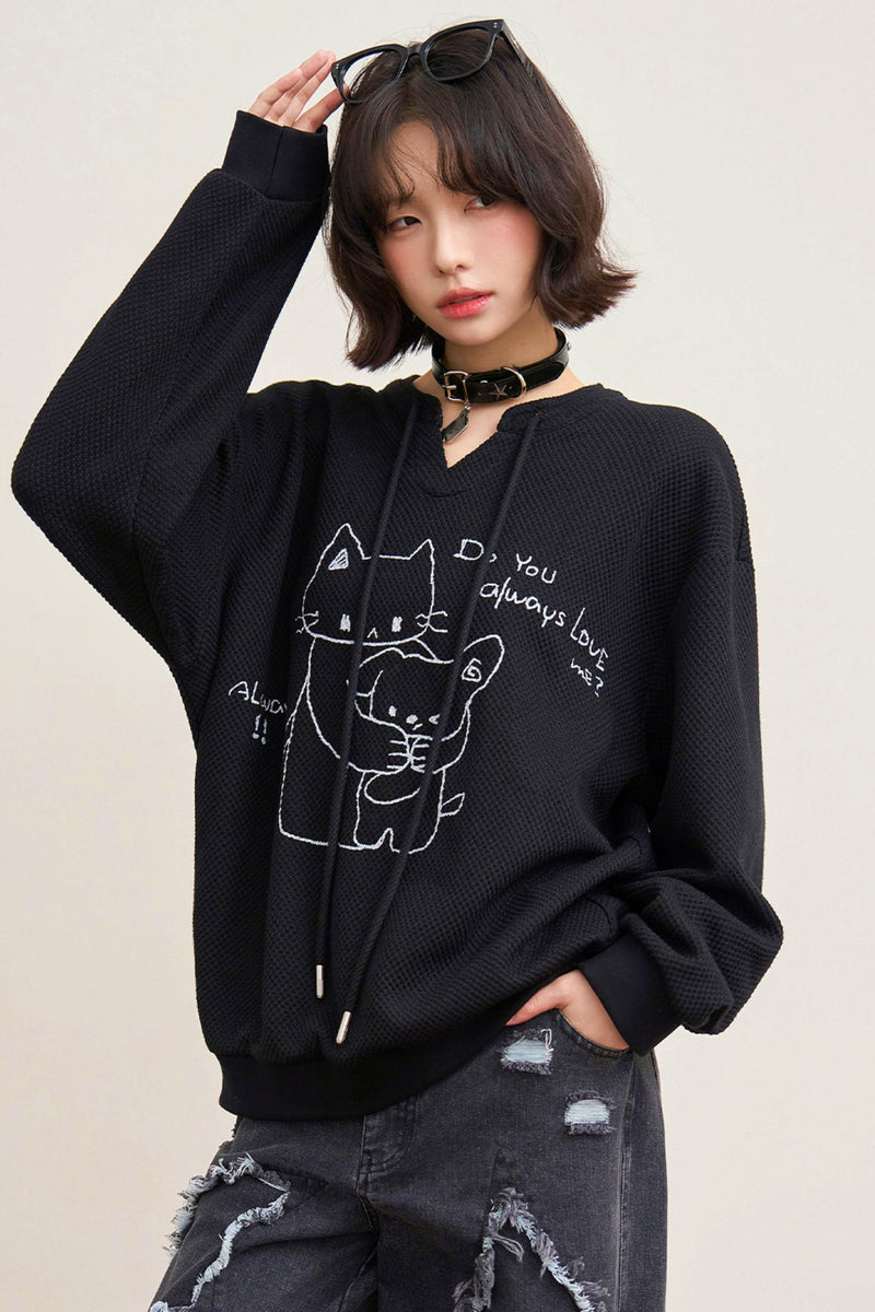 Cat Loose V Neck Sweatshirt