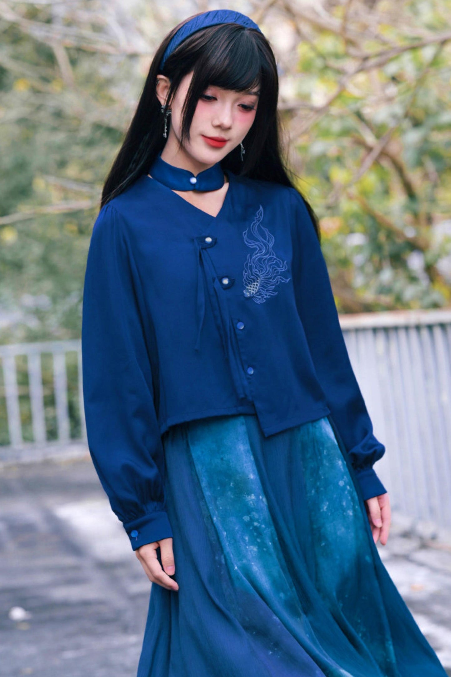 Embroidered Lantern Sleeve Blouse