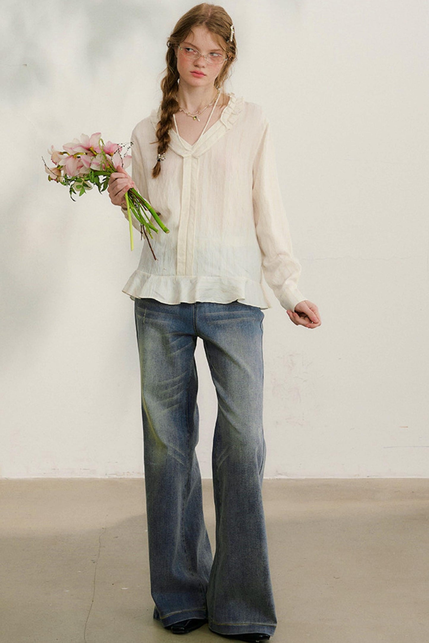 Striped Lace Sleeve Blouse