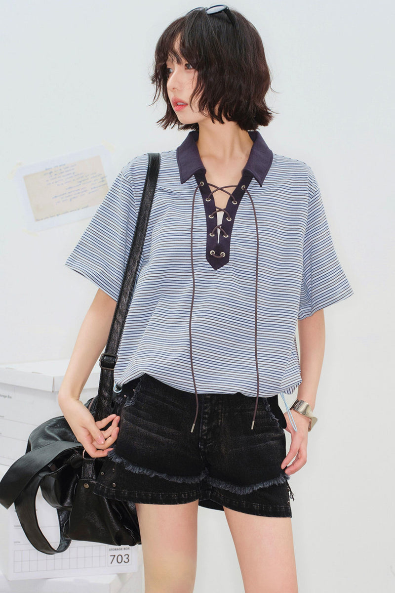 Striped Crop Polo Top