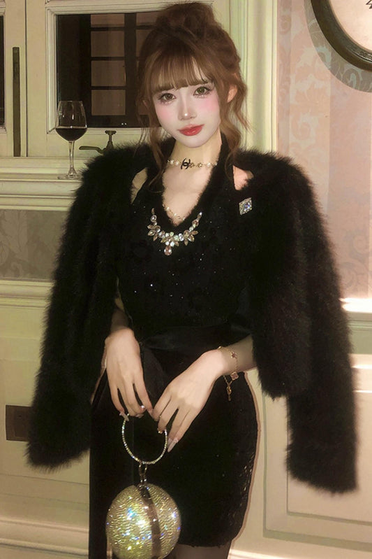 French Style Tight Dress + Fur Coat