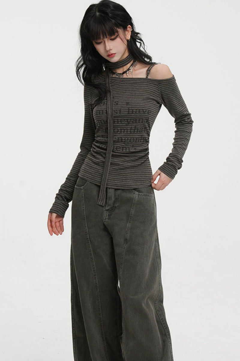 Striped One-shoulder Tie-neck Top