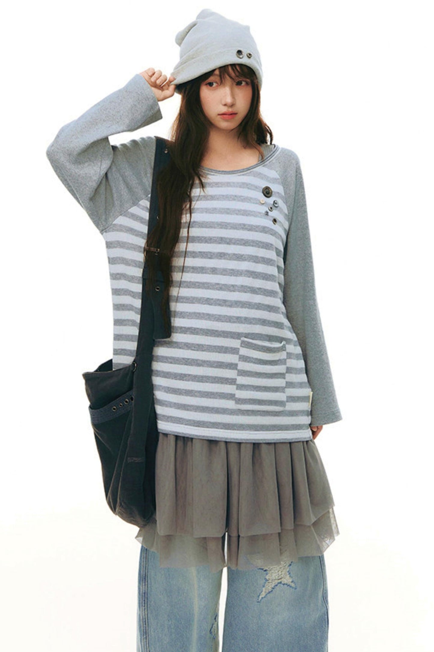 Button Striped Off-shoulder Top