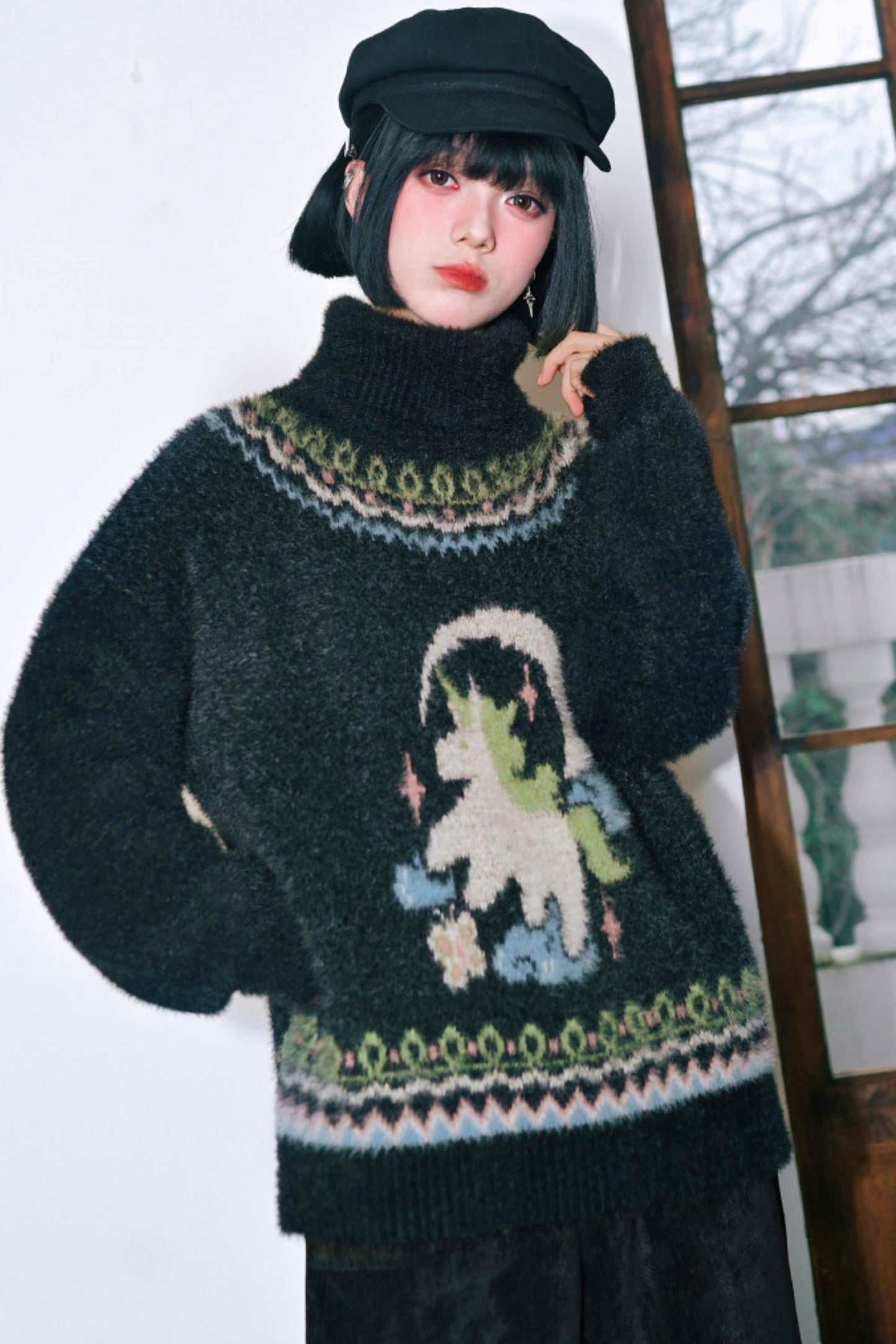 Four Pop Faux Fur Jacquard Sweater