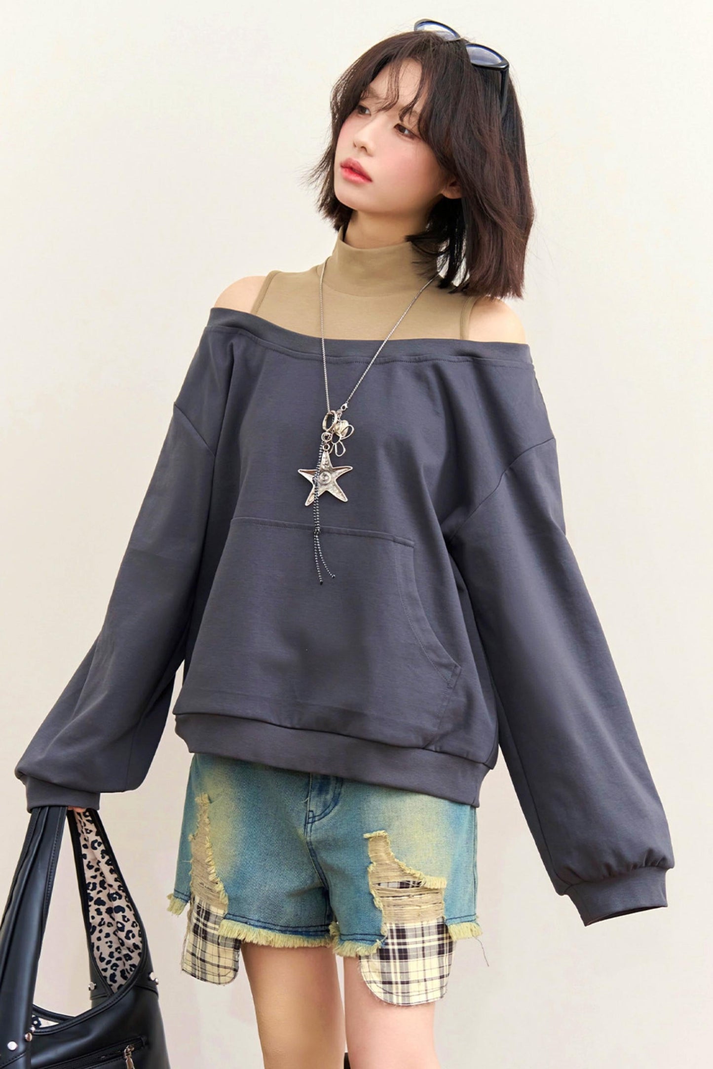 Patchwork Color Block Off Shoulder Top