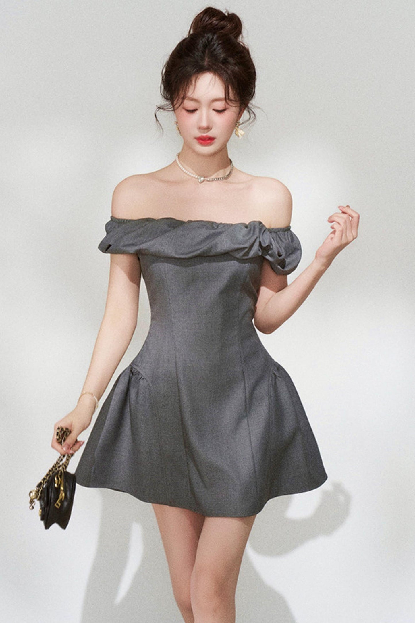 French Gray Off-shoulder Dress