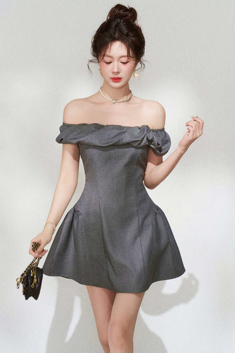 French Gray Off-shoulder Dress