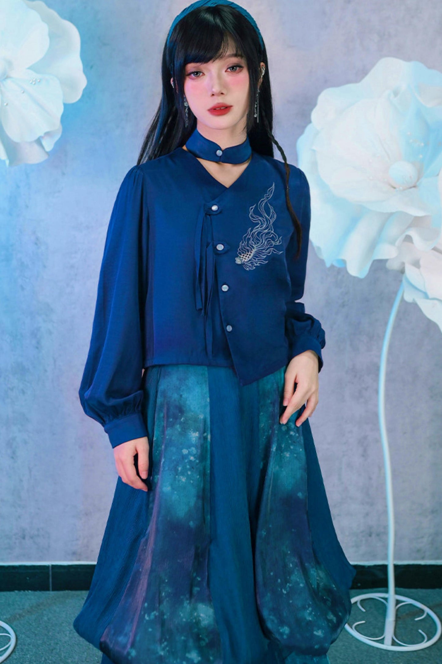 Embroidered Lantern Sleeve Blouse