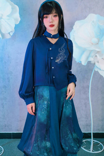 Embroidered Lantern Sleeve Blouse
