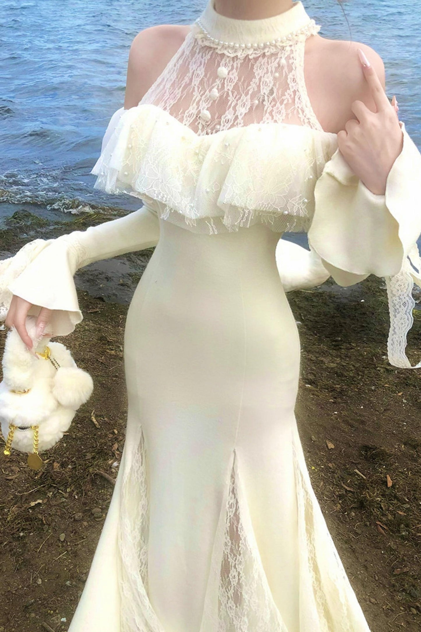 French Lace Waist Slimming Dress + Soft White Longline Cloak