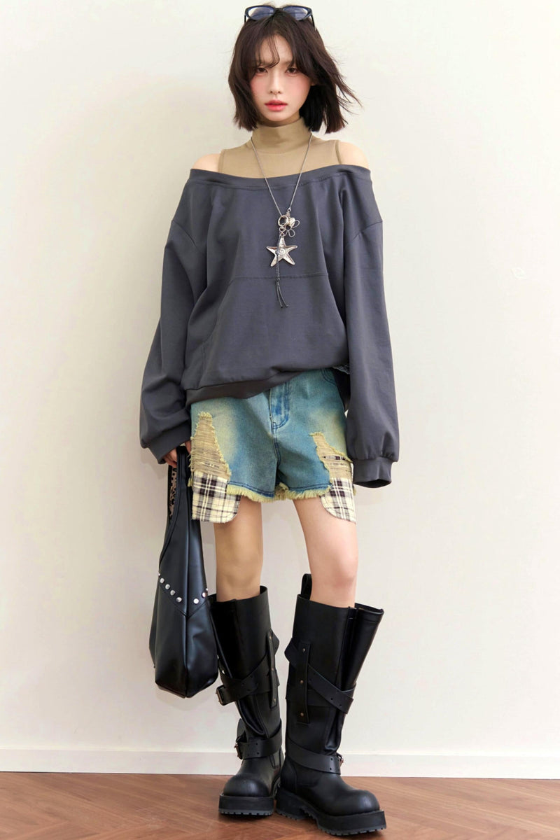 Patchwork Color Block Off Shoulder Top