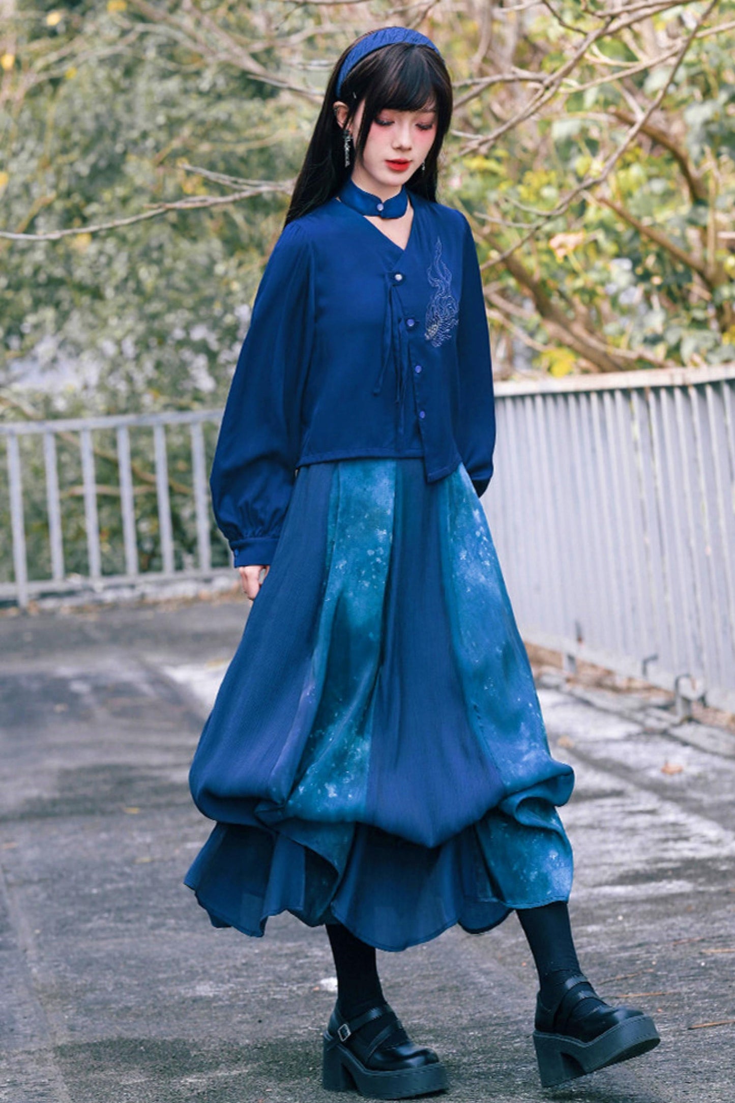 Embroidered Lantern Sleeve Blouse