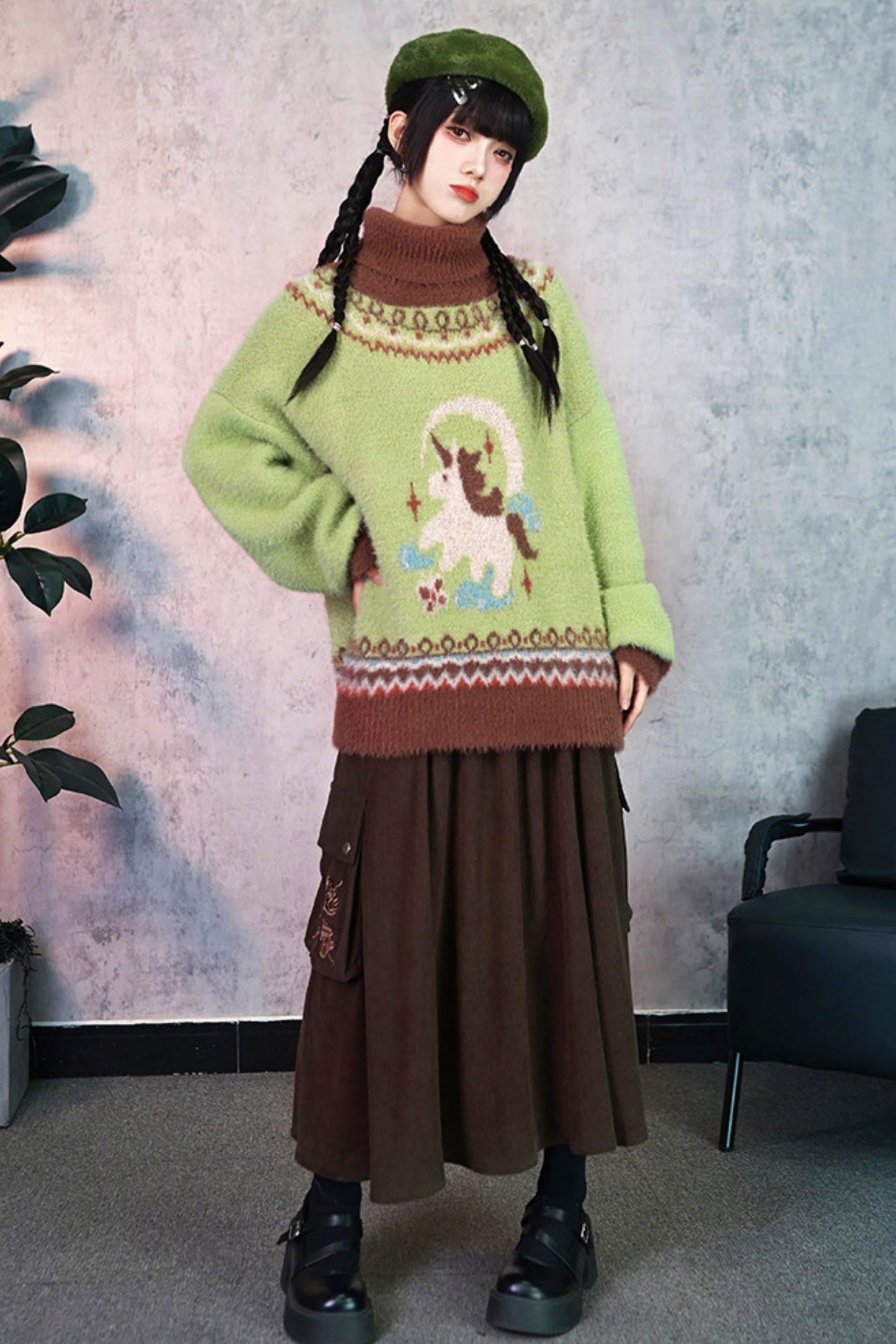 Four Pop Faux Fur Jacquard Sweater