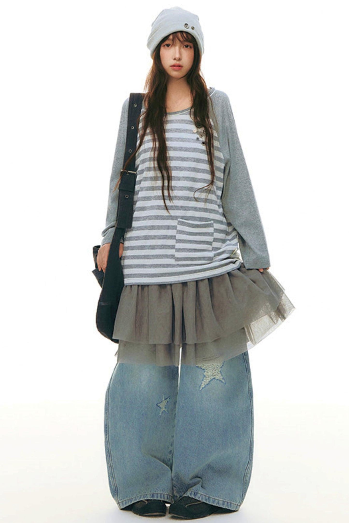 Button Striped Off-shoulder Top