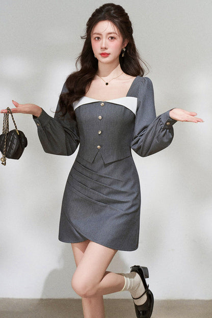 French Grey Square Neck Dress