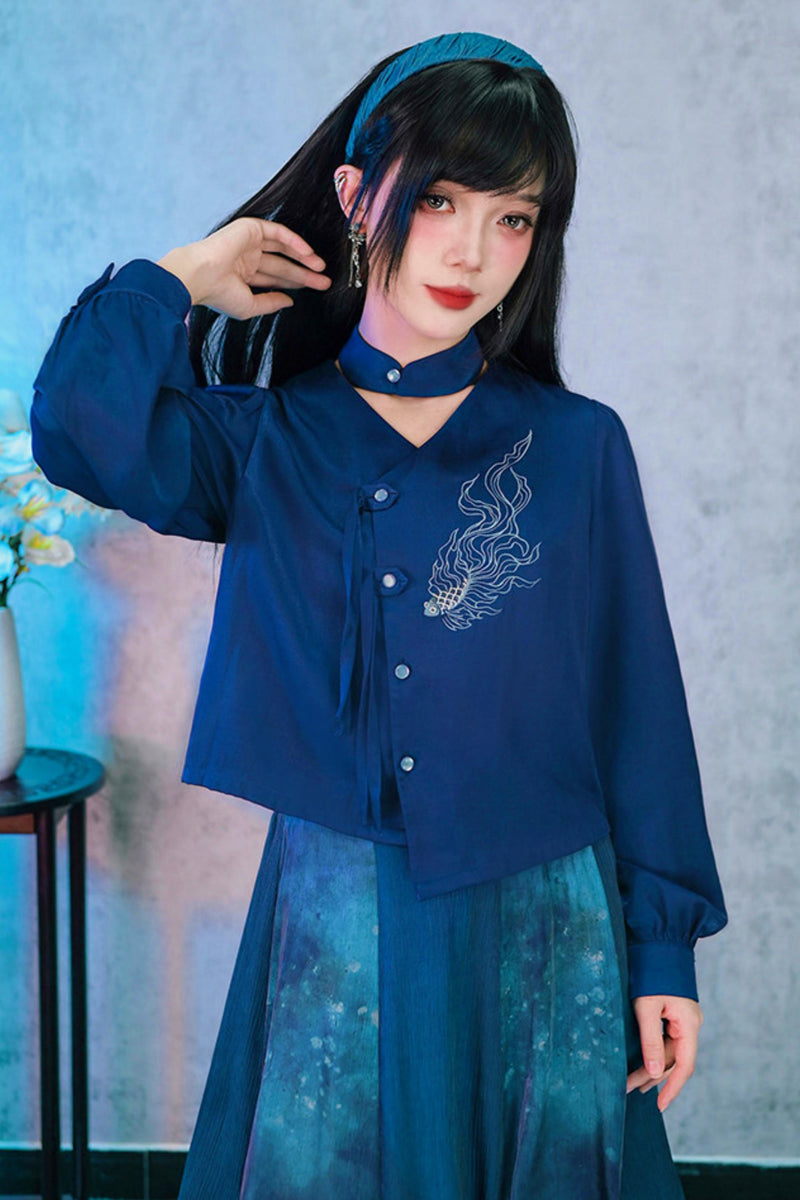 Embroidered Lantern Sleeve Blouse