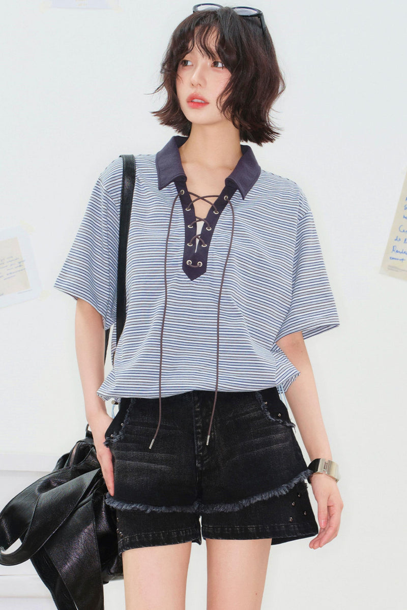 Striped Crop Polo Top