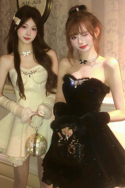 French Off-the-shoulder Dress + Shawl + Sleeves