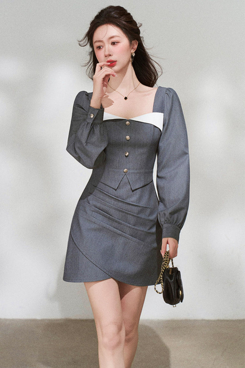 French Grey Square Neck Dress