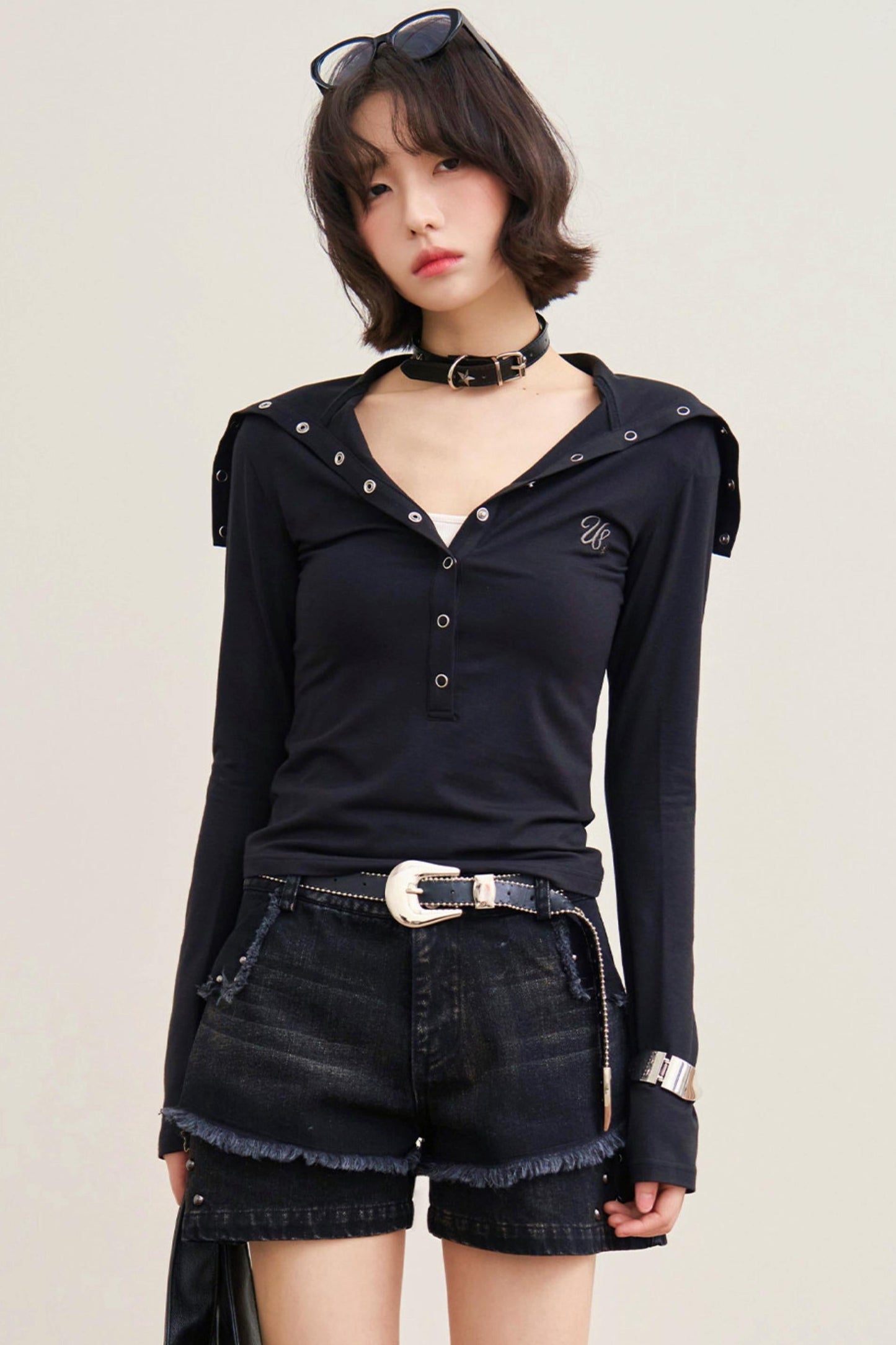 Folded Collar Cut Out Neck Top