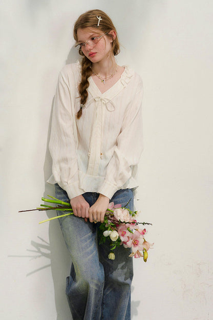Striped Lace Sleeve Blouse